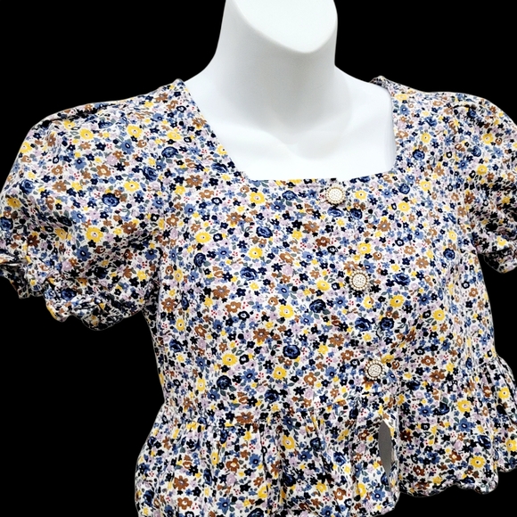 2/$20 Y2K Blue & Yellow Floral Pattern Buttons Down Top Blouse Size: XS - Picture 3 of 7